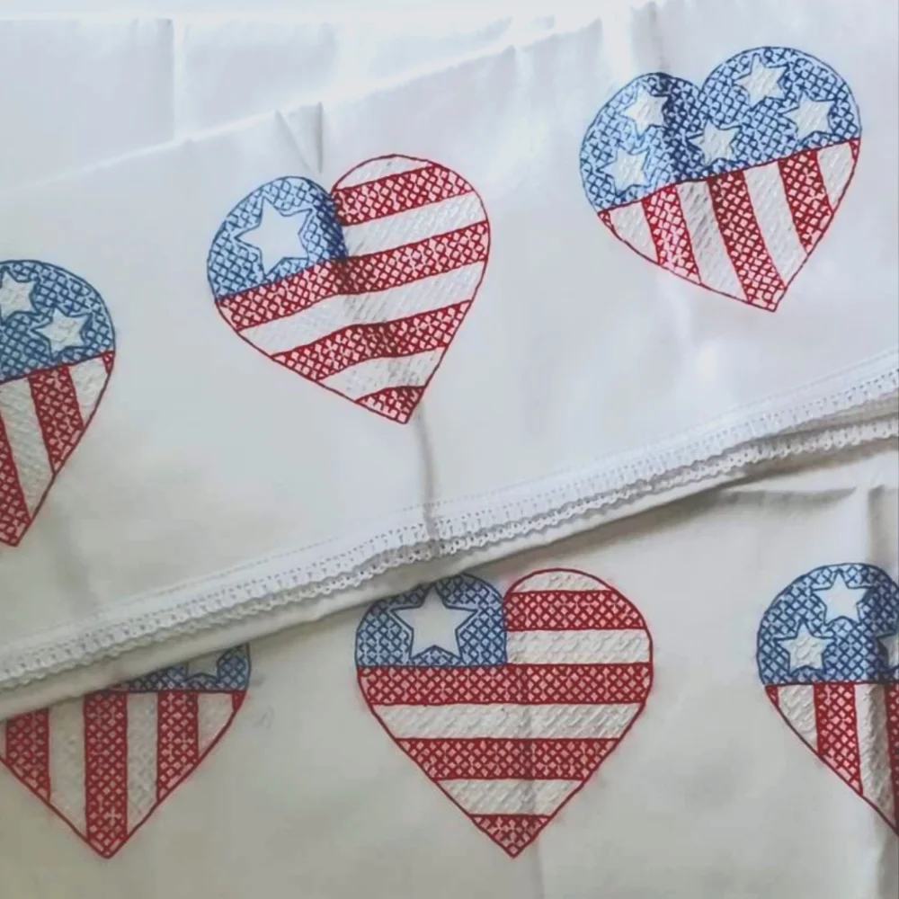 New HANDMADE PATRIOTIC PILLOWCASES Red White & Blue Cross-stitch Hearts